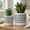 Set of 2 Flower Planters w Saucers | Black & White Aztec Ceramic 5/6"