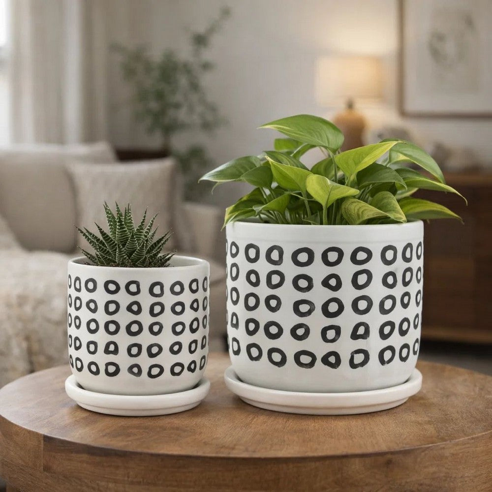 Set of 2 Flower Planters w Saucers | Black & White Aztec Ceramic 5/6"