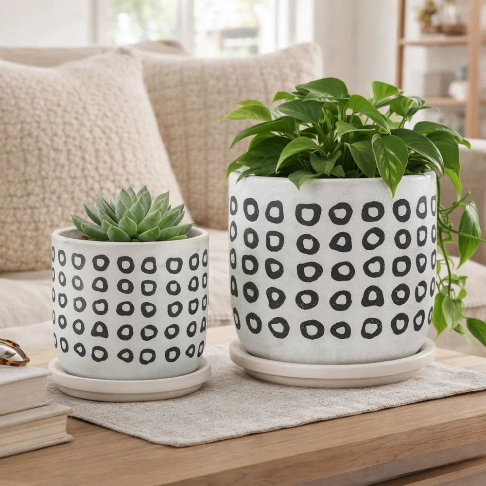 Set of 2 Flower Planters w Saucers | Black & White Aztec Ceramic 5/6"