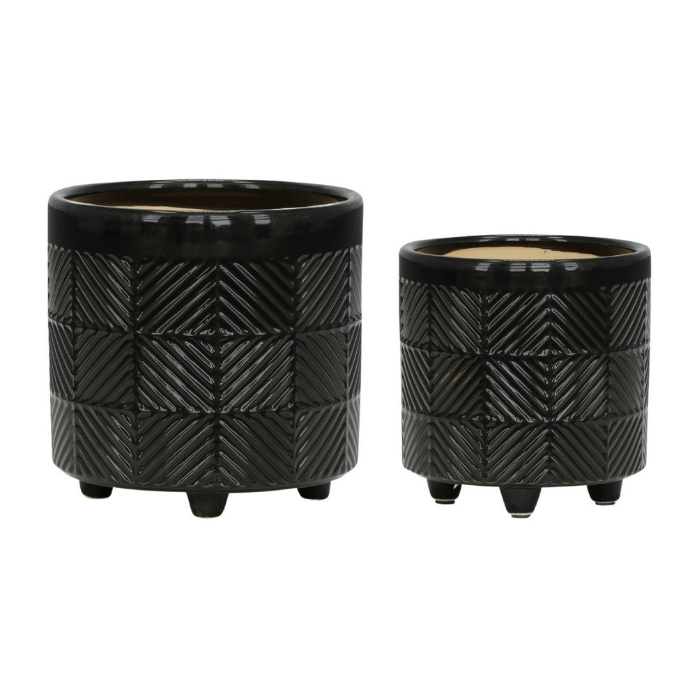 Decorative Flower Planter Set of 2 | Shiny Black Textured Ceramic 6/8"