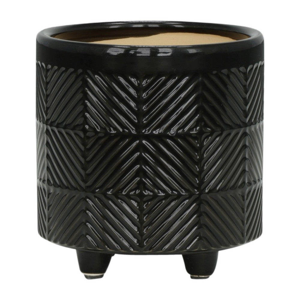 Decorative Flower Planter Set of 2 | Shiny Black Textured Ceramic 6/8"
