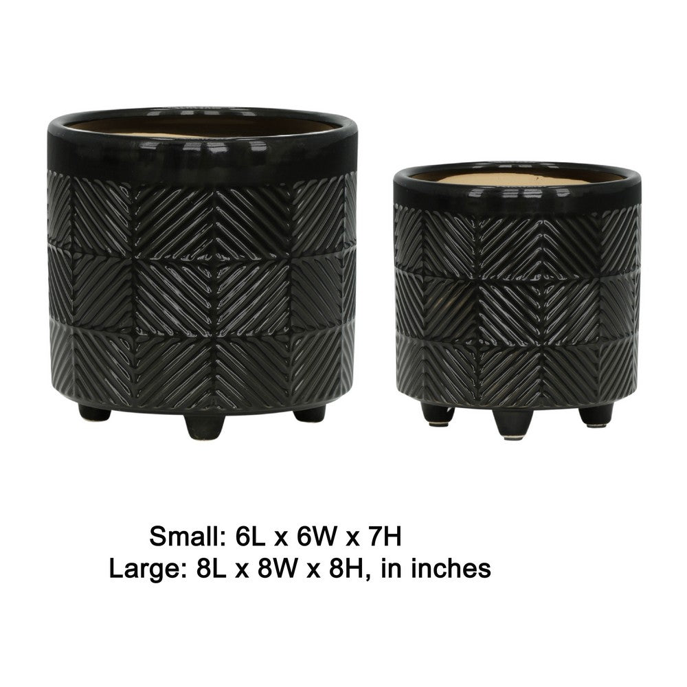 Decorative Flower Planter Set of 2 | Shiny Black Textured Ceramic 6/8"