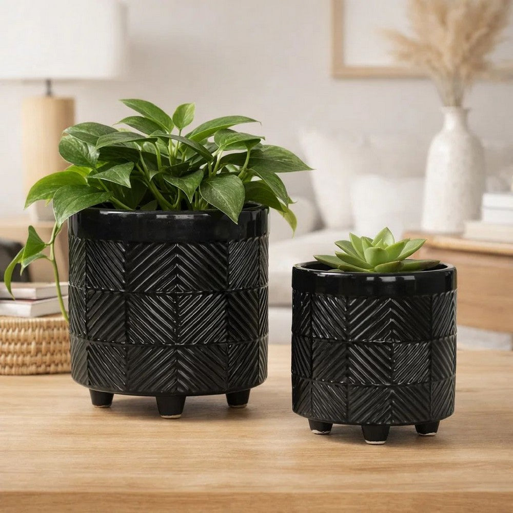 Decorative Flower Planter Set of 2 | Shiny Black Textured Ceramic 6/8"