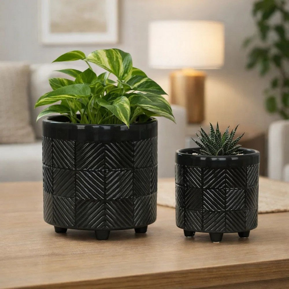 Decorative Flower Planter Set of 2 | Shiny Black Textured Ceramic 6/8"