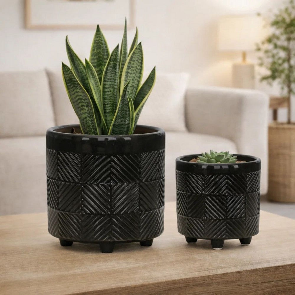 Decorative Flower Planter Set of 2 | Shiny Black Textured Ceramic 6/8"