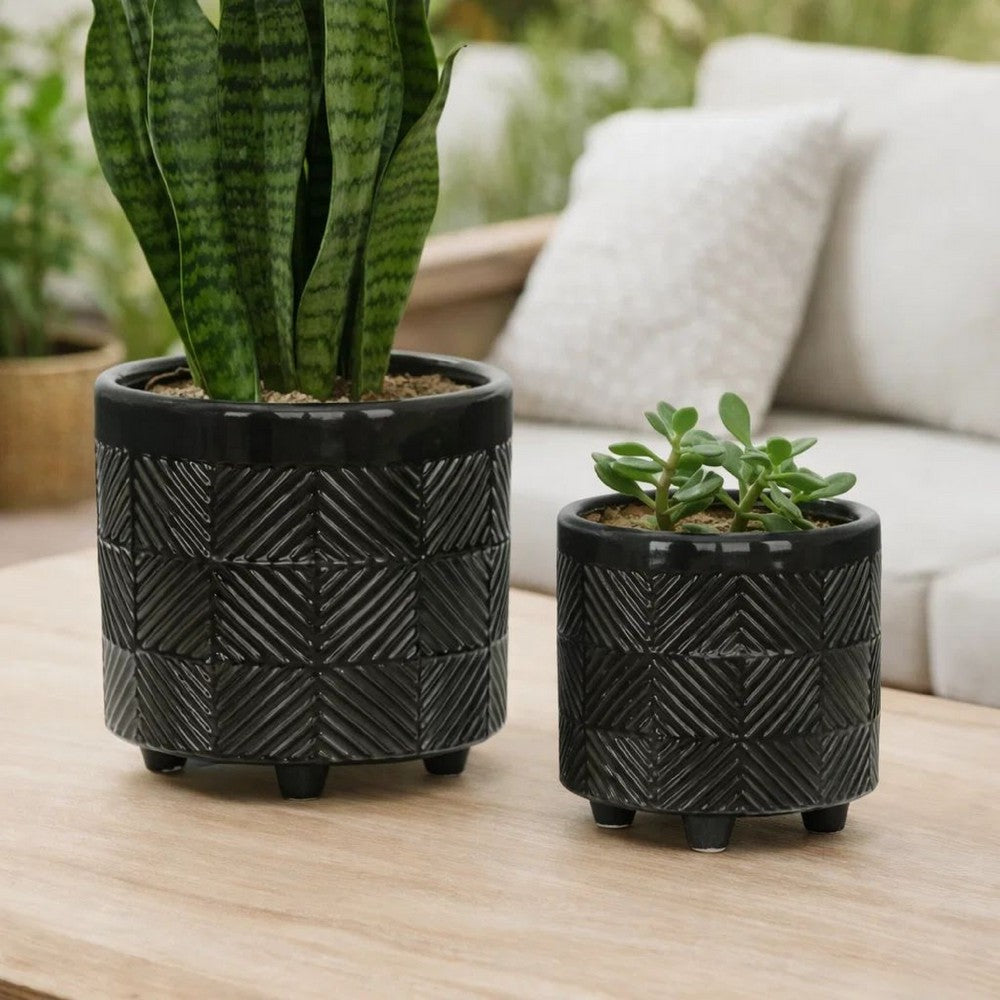 Decorative Flower Planter Set of 2 | Shiny Black Textured Ceramic 6/8"