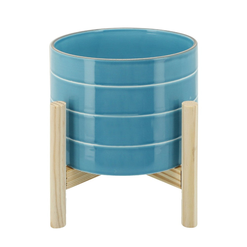 Indoor Outdoor Flower Planter | Wood Stand | Sky Blue Striped Ceramic 8"