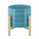 Indoor Outdoor Flower Planter | Wood Stand | Sky Blue Striped Ceramic 8"