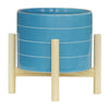 Indoor Outdoor Flower Planter | Wood Stand | Sky Blue Striped Ceramic 8"