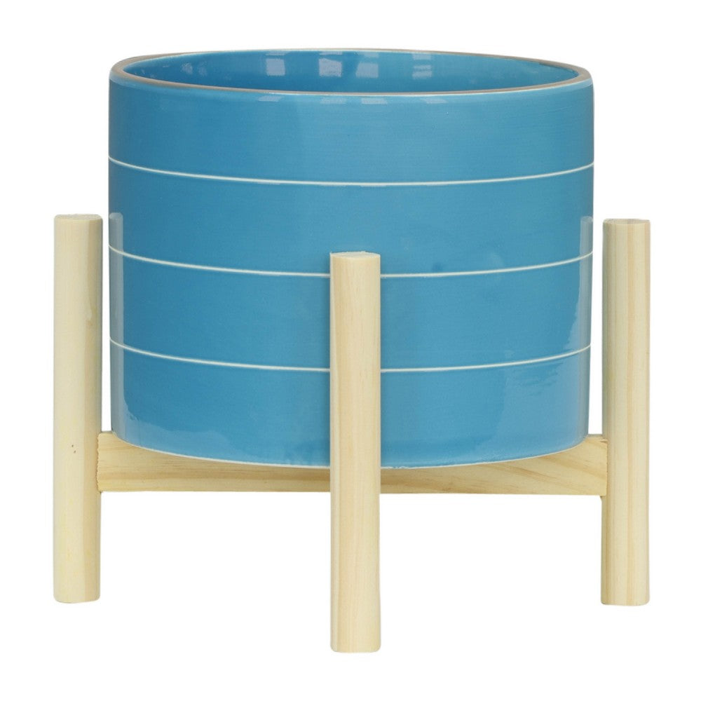 Indoor Outdoor Flower Planter | Wood Stand | Sky Blue Striped Ceramic 8"