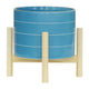 Indoor Outdoor Flower Planter | Wood Stand | Sky Blue Striped Ceramic 8"