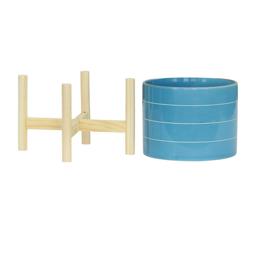 Indoor Outdoor Flower Planter | Wood Stand | Sky Blue Striped Ceramic 8"