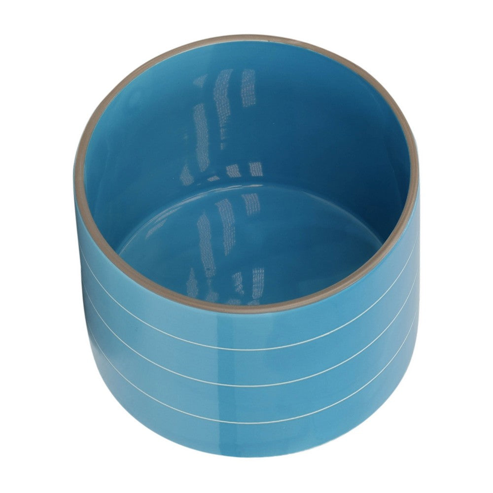 Indoor Outdoor Flower Planter | Wood Stand | Sky Blue Striped Ceramic 8"