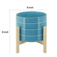 Indoor Outdoor Flower Planter | Wood Stand | Sky Blue Striped Ceramic 8"