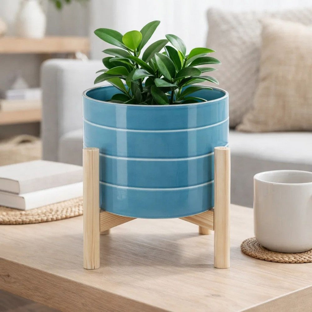 Indoor Outdoor Flower Planter | Wood Stand | Sky Blue Striped Ceramic 8"