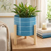 Indoor Outdoor Flower Planter | Wood Stand | Sky Blue Striped Ceramic 8"