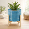 Indoor Outdoor Flower Planter | Wood Stand | Sky Blue Striped Ceramic 8"
