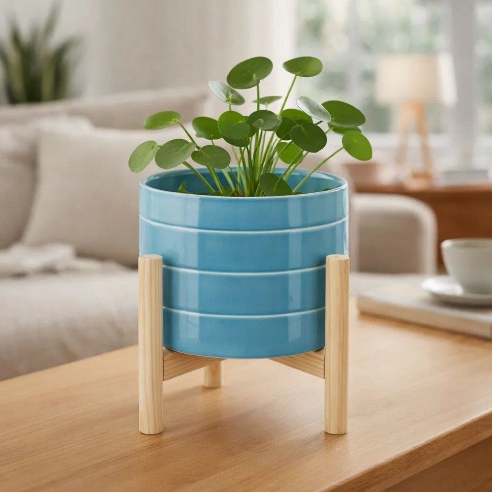 Indoor Outdoor Flower Planter | Wood Stand | Sky Blue Striped Ceramic 8"