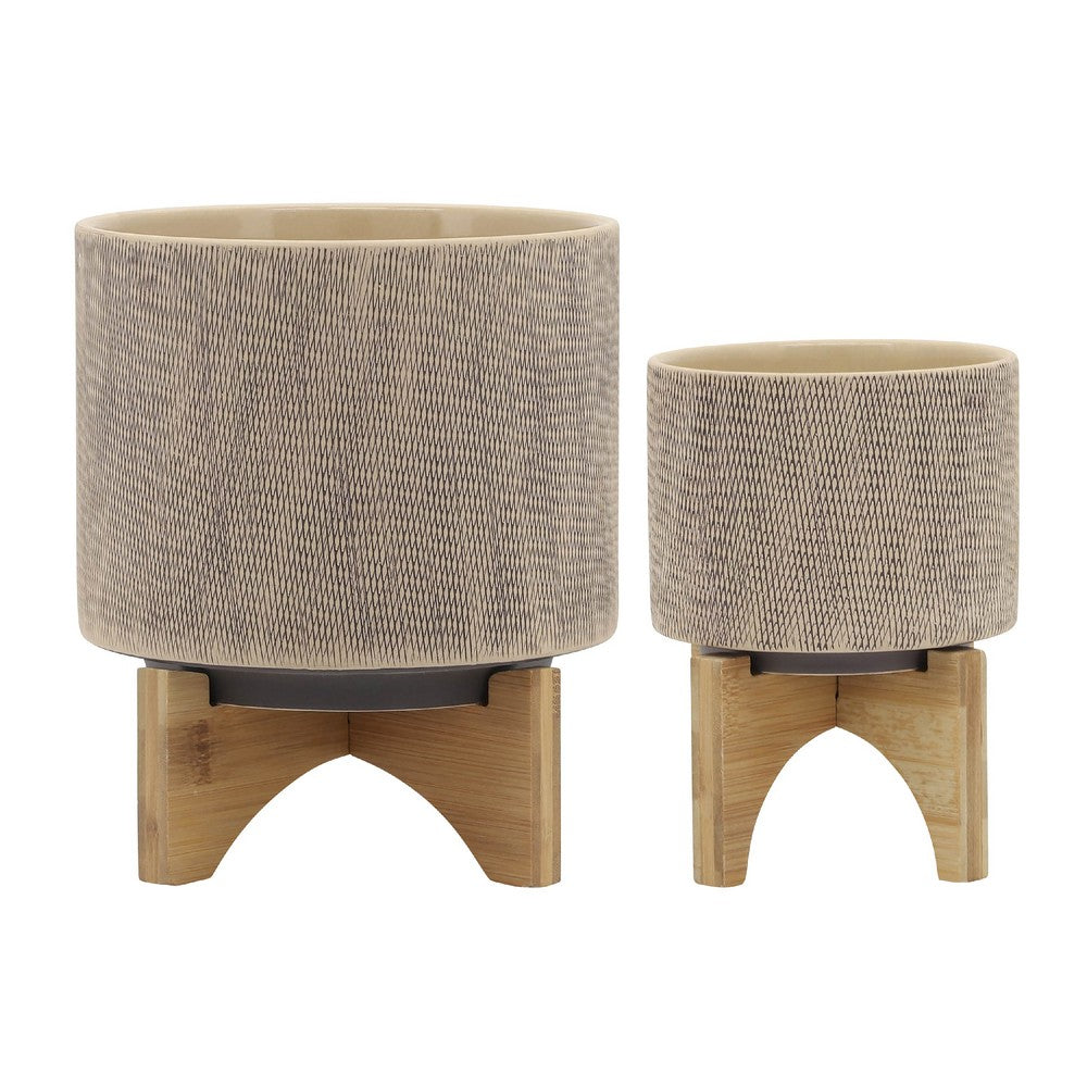 Feny Flower Planter on Stand Set of 2 | Tan Brown Mesh Ceramic 5/8"