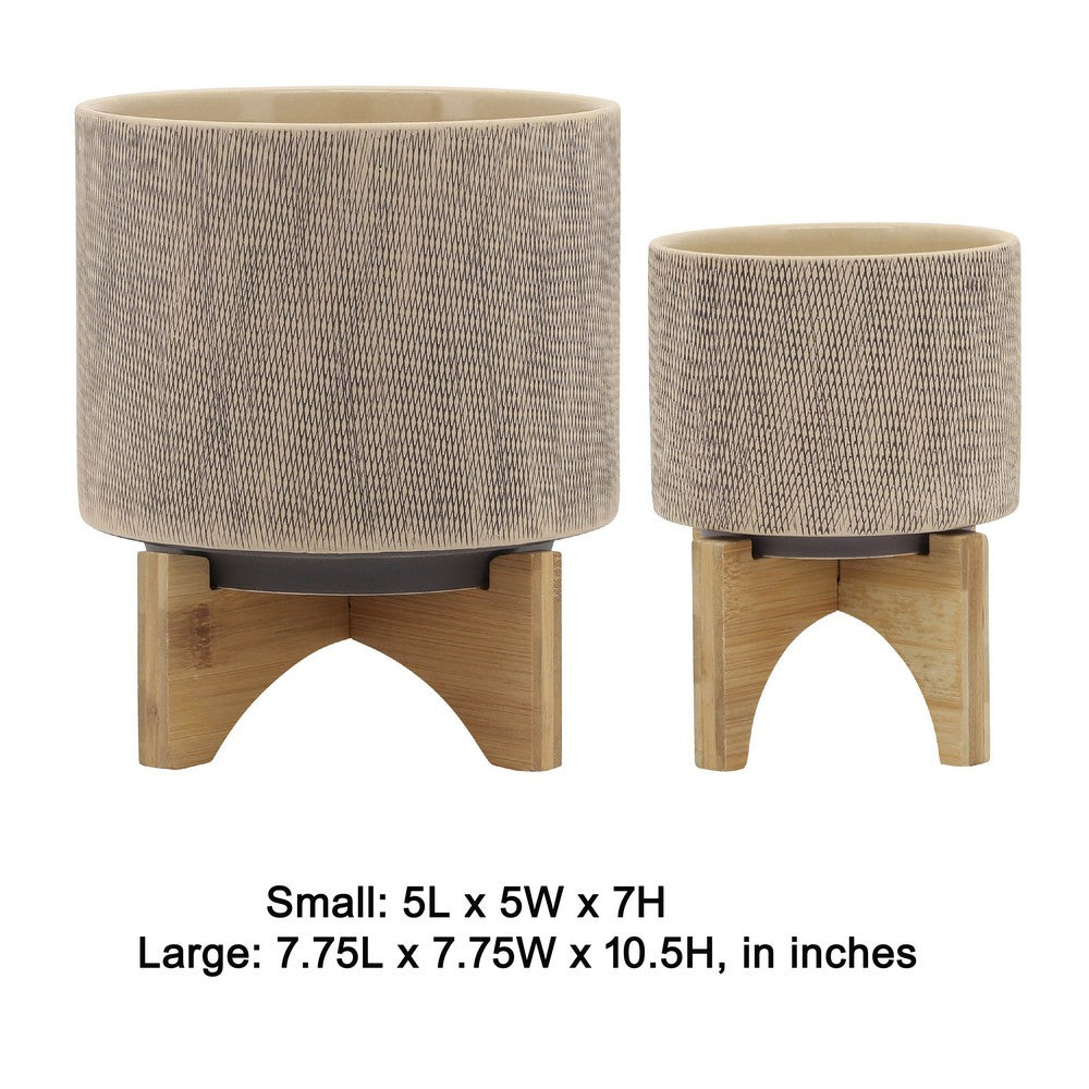 Feny Flower Planter on Stand Set of 2 | Tan Brown Mesh Ceramic 5/8"
