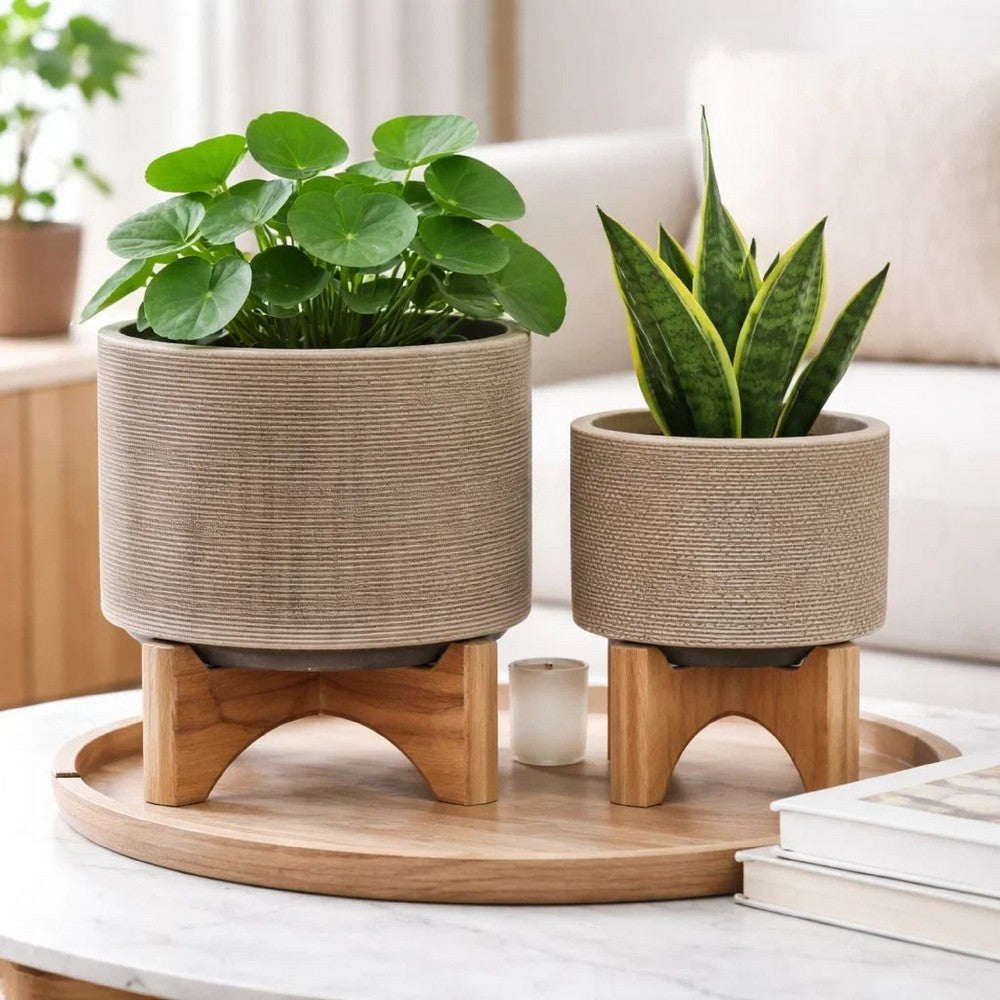 Feny Flower Planter on Stand Set of 2 | Tan Brown Mesh Ceramic 5/8"