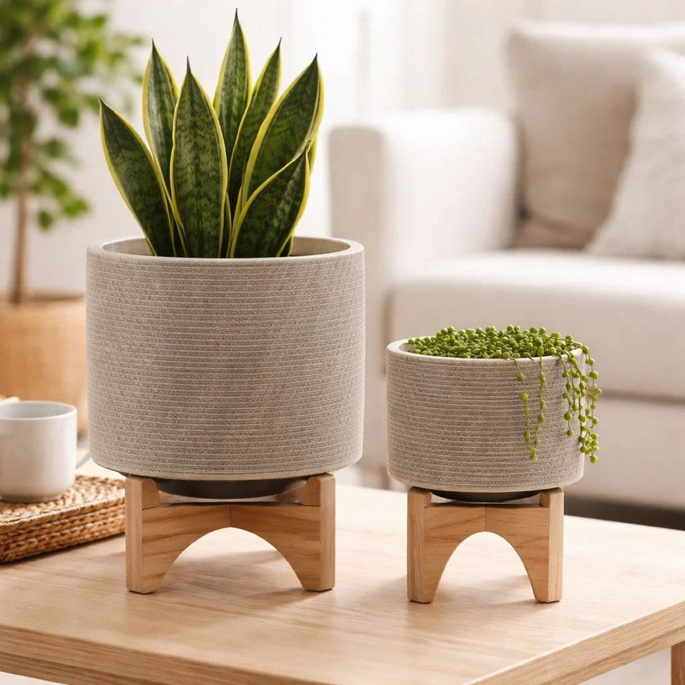 Feny Flower Planter on Stand Set of 2 | Tan Brown Mesh Ceramic 5/8"