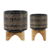 Feny Flower Planter on Wood Stand Set of 2 | Black Glazed Ceramic 5/8"