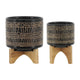 Feny Flower Planter on Wood Stand Set of 2 | Black Glazed Ceramic 5/8"