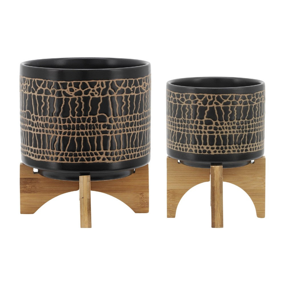 Feny Flower Planter on Wood Stand Set of 2 | Black Glazed Ceramic 5/8"