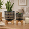 Feny Flower Planter on Wood Stand Set of 2 | Black Glazed Ceramic 5/8"