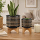 Feny Flower Planter on Wood Stand Set of 2 | Black Glazed Ceramic 5/8"