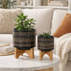 Feny Flower Planter on Wood Stand Set of 2 | Black Glazed Ceramic 5/8"