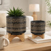 Feny Flower Planter on Wood Stand Set of 2 | Black Glazed Ceramic 5/8"