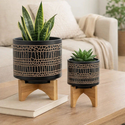 Feny Flower Planter on Wood Stand Set of 2 | Black Glazed Ceramic 5/8"