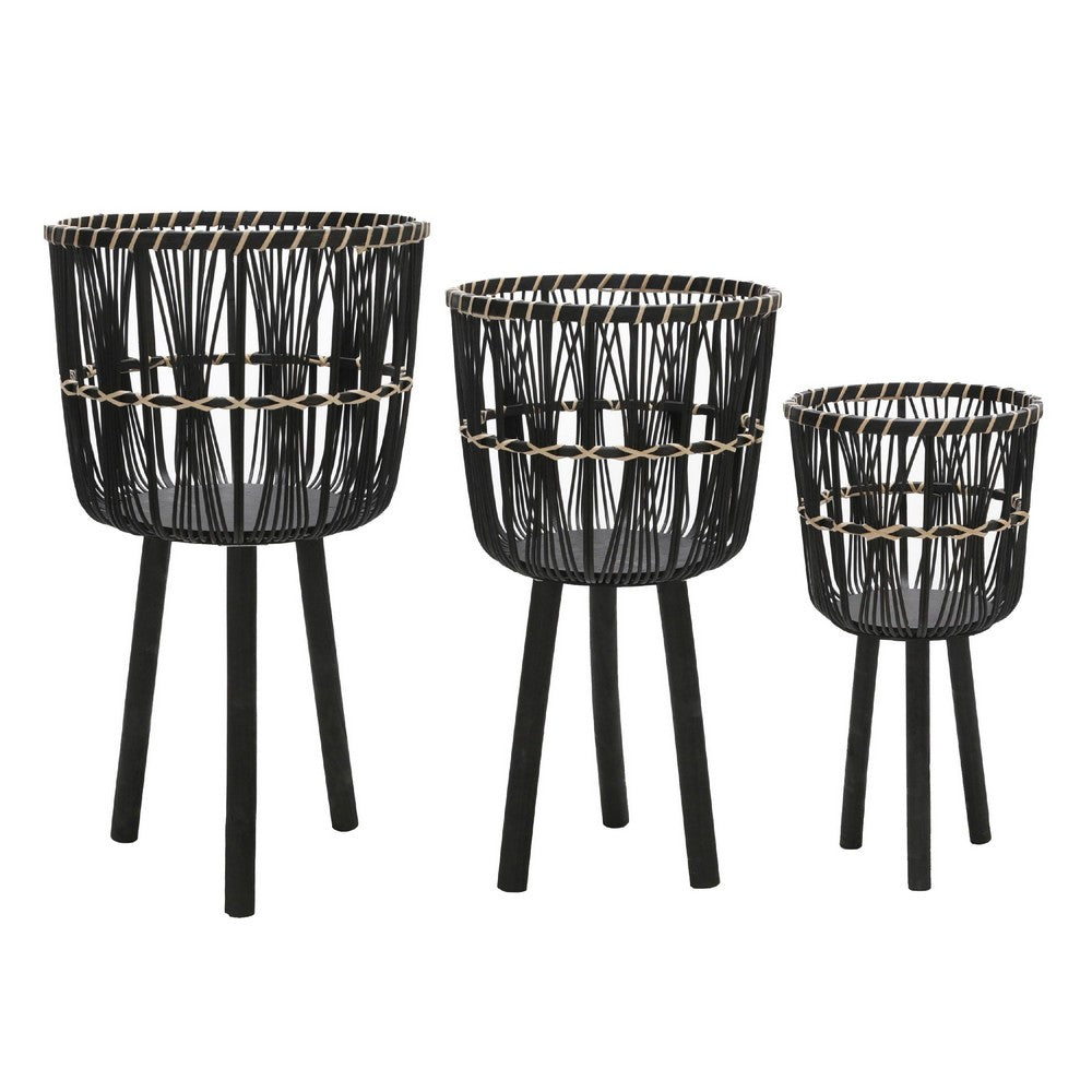 Mesy Set of 3 Planters on Legs | Black Bamboo Weave Design 11/13/15"