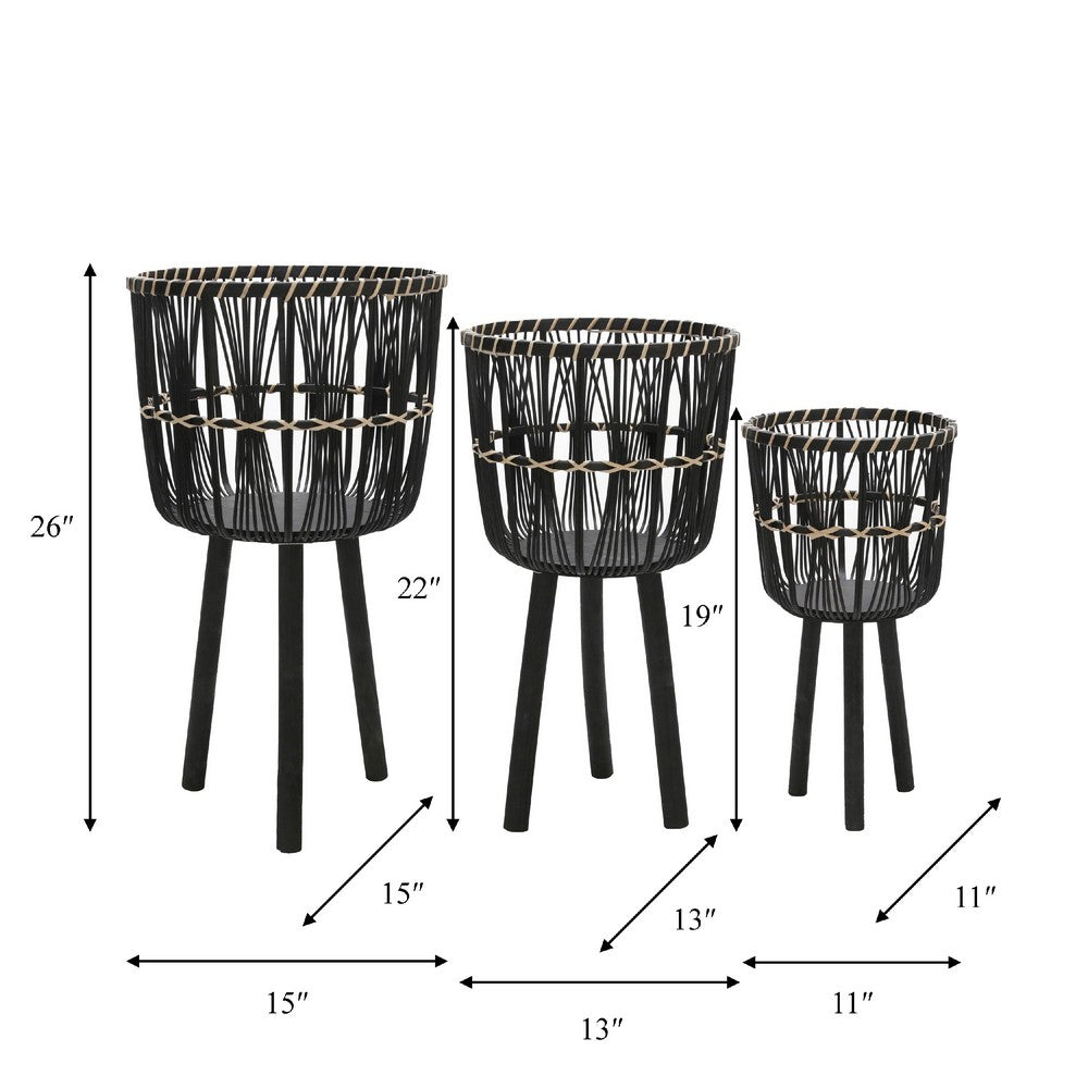Mesy Set of 3 Planters on Legs | Black Bamboo Weave Design 11/13/15"