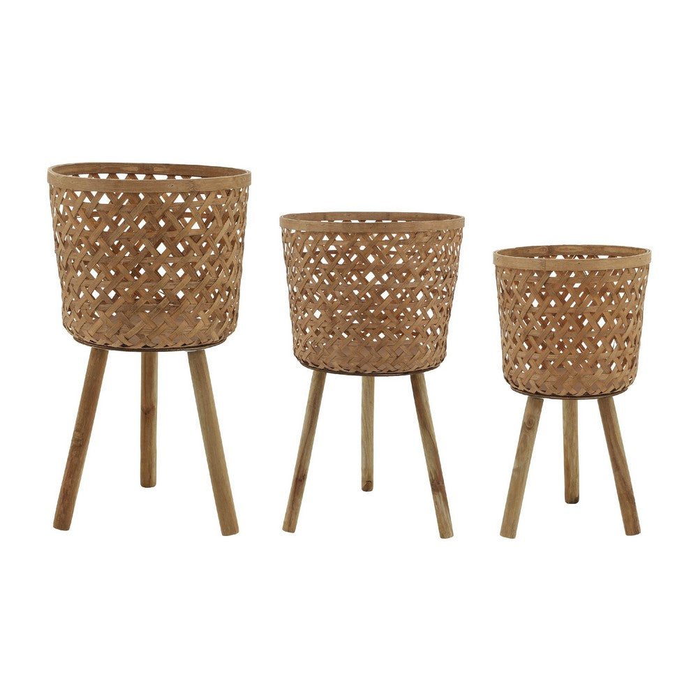 Mesy Flower Planter on Legs Set of 3 | Brown Open Weave Bamboo 11/13/15"