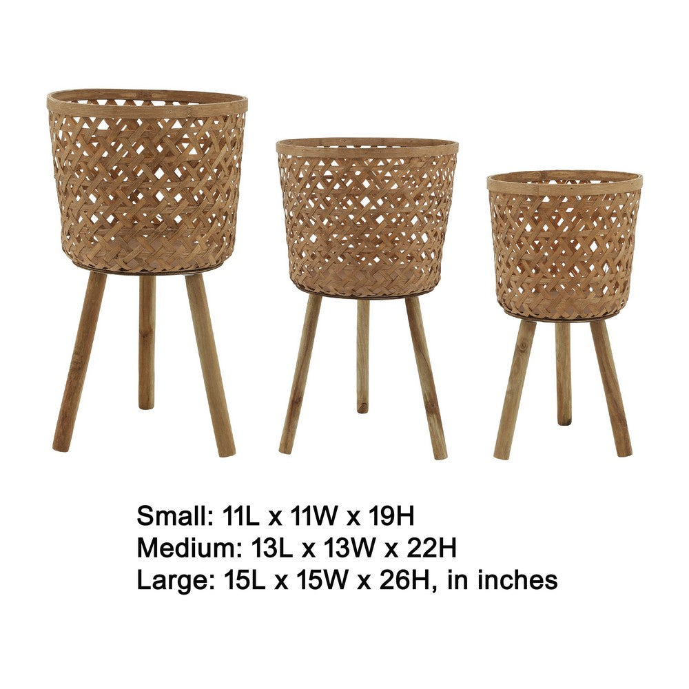 Mesy Flower Planter on Legs Set of 3 | Brown Open Weave Bamboo 11/13/15"