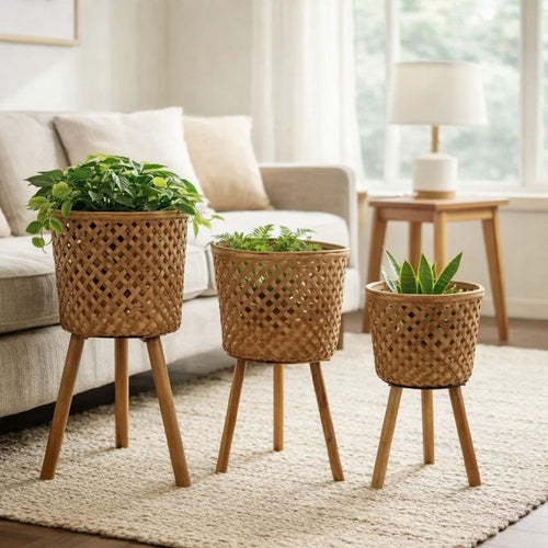 Mesy Flower Planter on Legs Set of 3 | Brown Open Weave Bamboo 11/13/15"