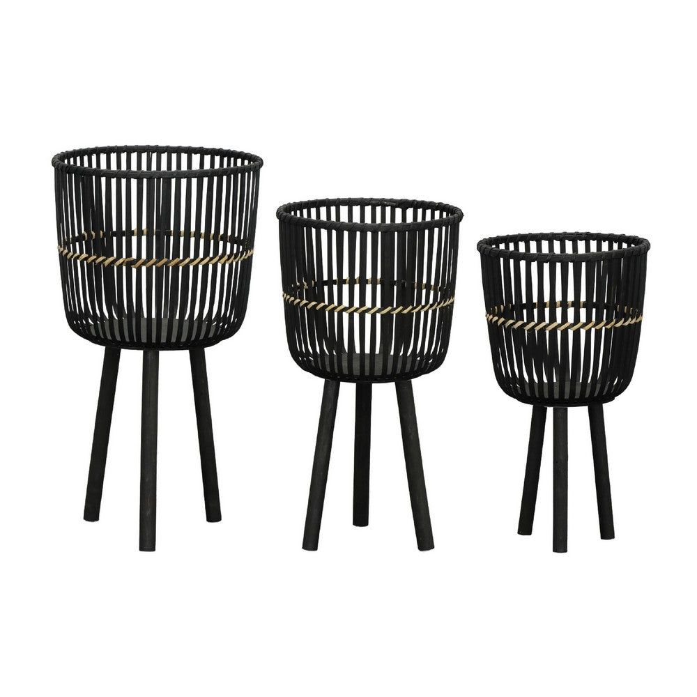 Mesy Flower Planter on Tripod Set of 3 | Black Bamboo Net Weave 11/13/15"