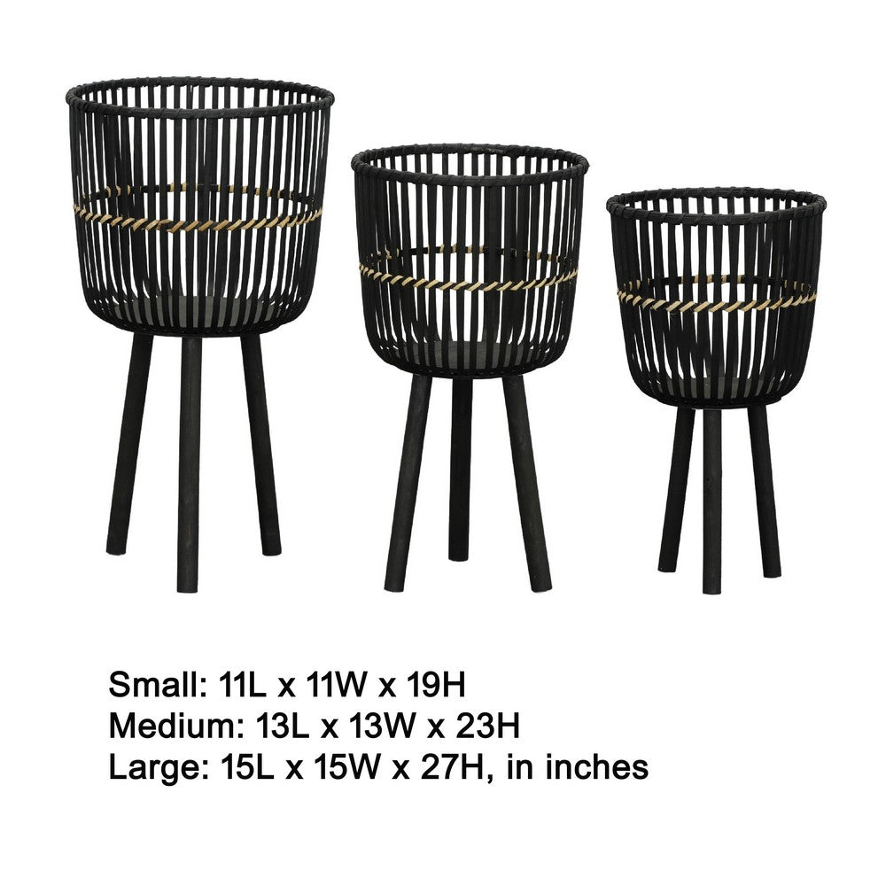 Mesy Flower Planter on Tripod Set of 3 | Black Bamboo Net Weave 11/13/15"