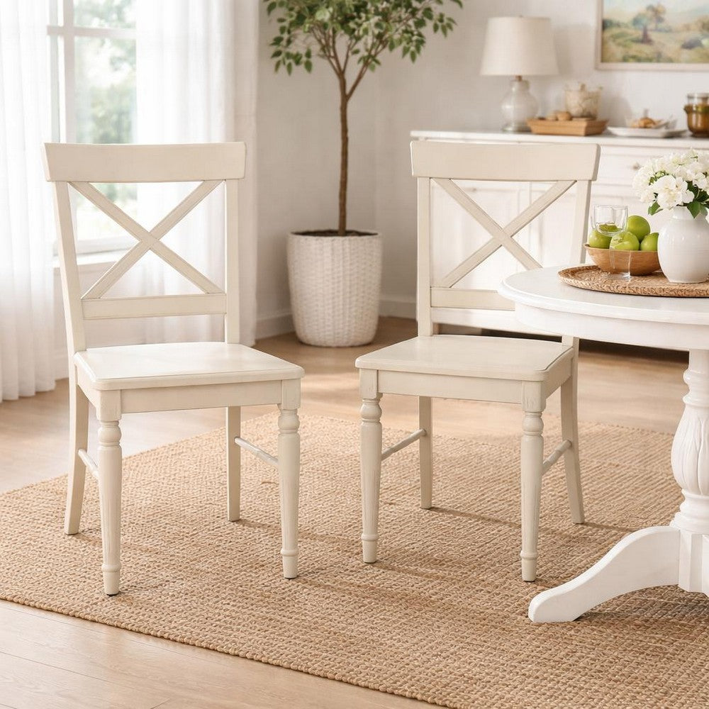 Umey Dining Side Chair Set of 2 | X-Shaped Back | Antique White Finish Wood