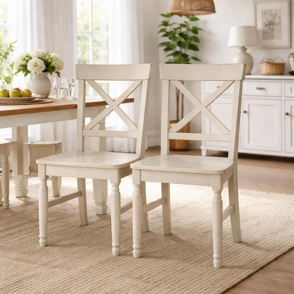 Umey Dining Side Chair Set of 2 | X-Shaped Back | Antique White Finish Wood
