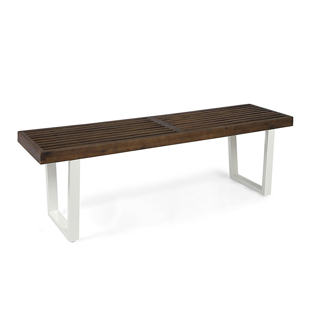 Outdoor Dining Bench | Slatted Wood Seat | Iron Base | Brown & White 62"