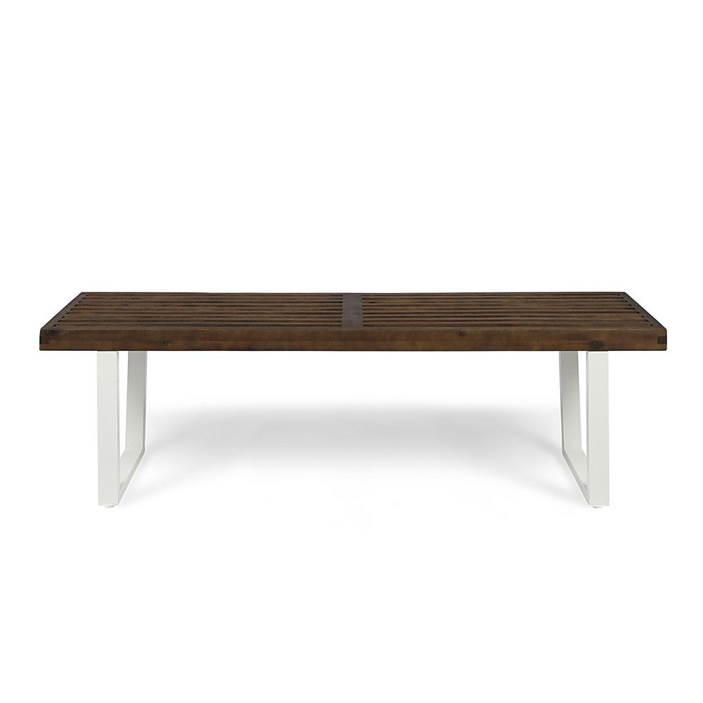Outdoor Dining Bench | Slatted Wood Seat | Iron Base | Brown & White 62"