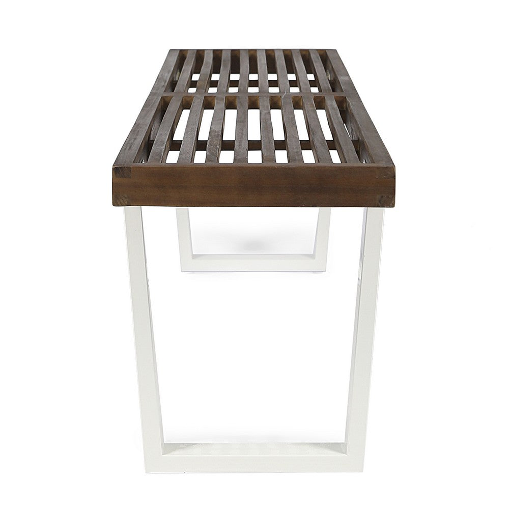 Outdoor Dining Bench | Slatted Wood Seat | Iron Base | Brown & White 62"