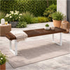 Outdoor Dining Bench | Slatted Wood Seat | Iron Base | Brown & White 62"