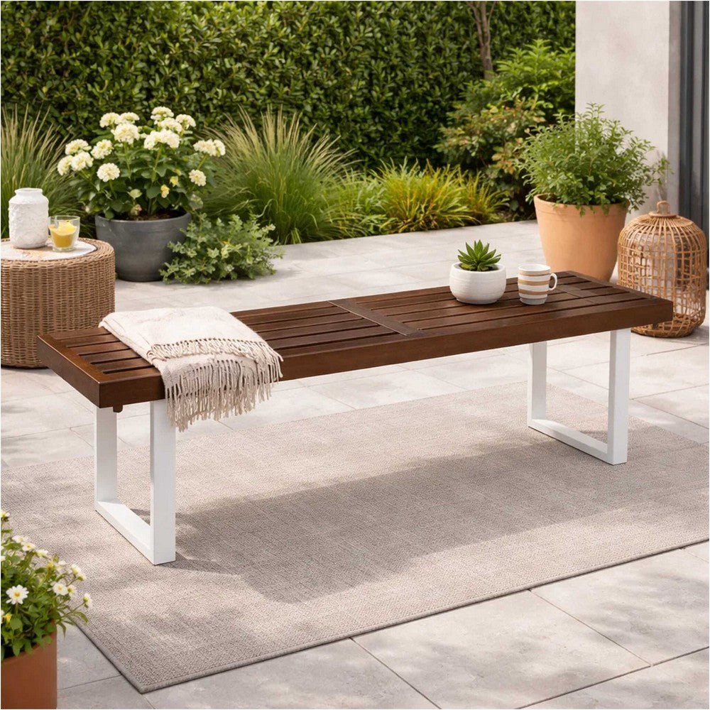 Outdoor Dining Bench | Slatted Wood Seat | Iron Base | Brown & White 62"