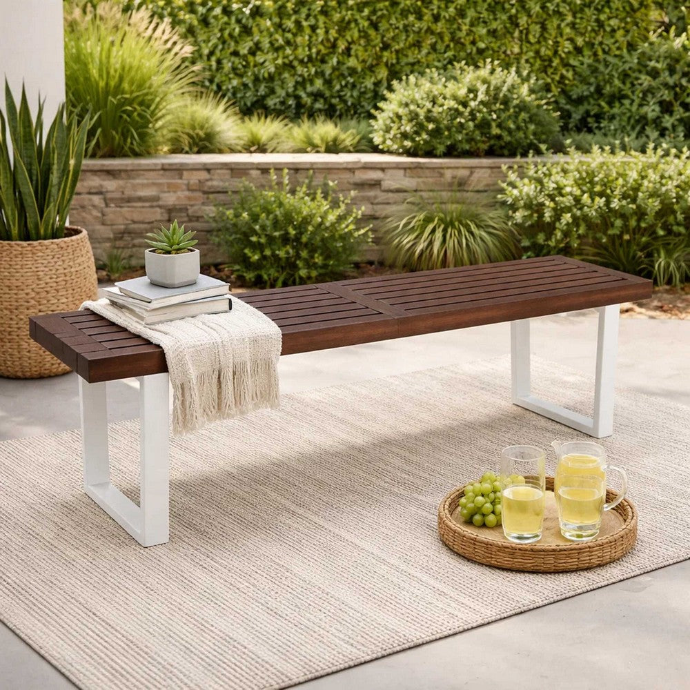 Outdoor Dining Bench | Slatted Wood Seat | Iron Base | Brown & White 62"