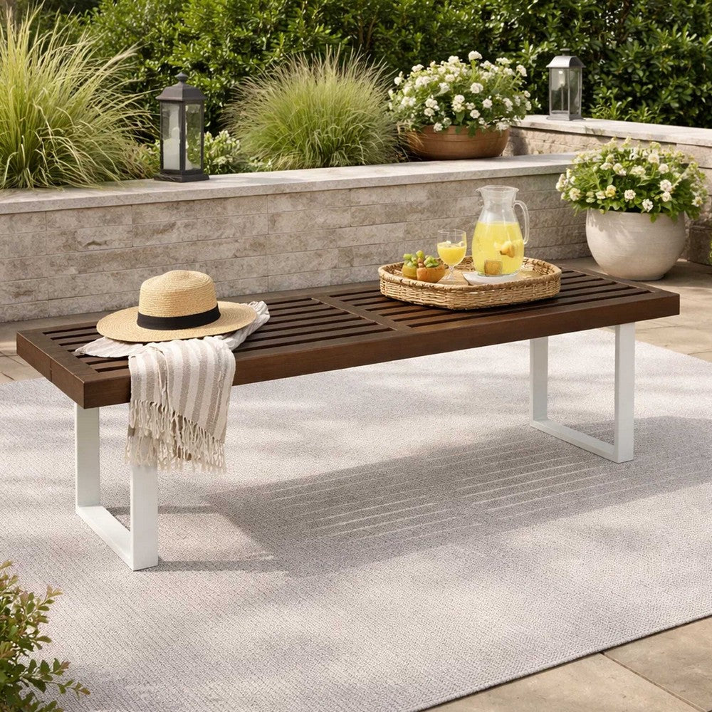 Outdoor Dining Bench | Slatted Wood Seat | Iron Base | Brown & White 62"